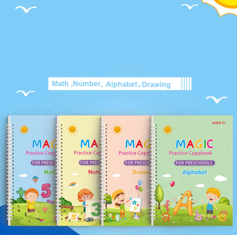 Sank Magic Practice Copybook | 4 Packs Reusable Writing Book | Disappearing Ink Pen | Number Tracing for Kids