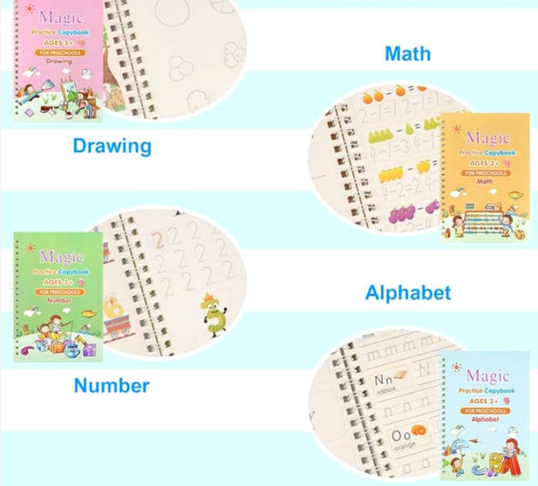 Sank Magic Practice Copybook | 4 Packs Reusable Writing Book | Disappearing Ink Pen | Number Tracing for Kids